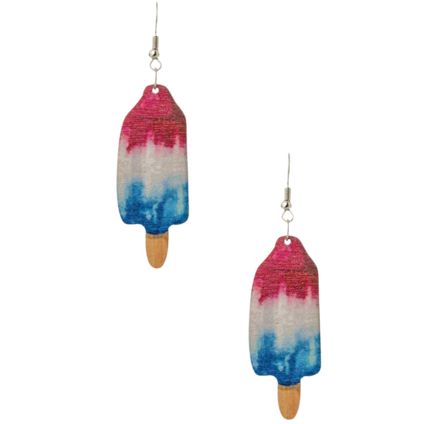 wooden dangle earrings laser cut and printed with images of red white and blue popsickles