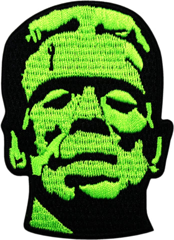 black and bright green embroidered patch of the head of Frankenstein's monster