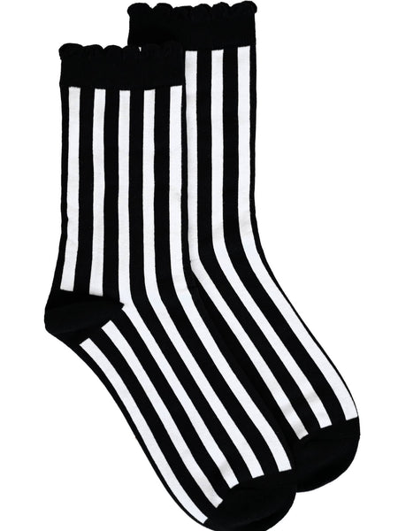 Pair of crew socks with black ruffle cuff, black and white horizontal stripe, and black toes and heels; Shown flat