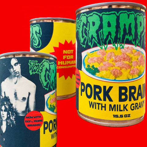 stash cans with label of of 'Pork Brain with Milk Gravy' shown from various angles