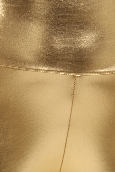 high-waisted shiny metallic gold stretch leggings with wide waistband shown in close up