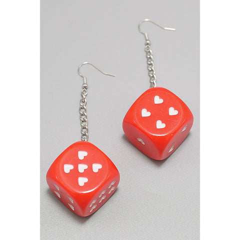 a pair of red dice charms with small white hearts in place of their pips with small chains hanging from ear hardware