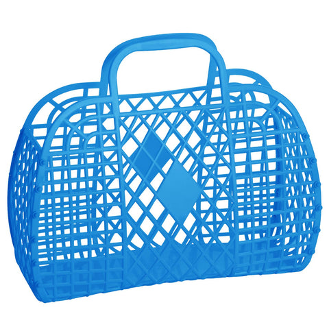 A large royal blue rectangular handbag made of plastic with a retro diamond and lattice pattern