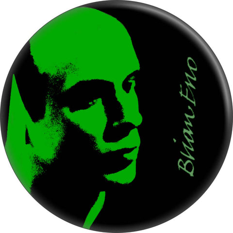 1.5" round pinback button with photo of Brian Eno in green as shown on album cover for "Before and After Science"