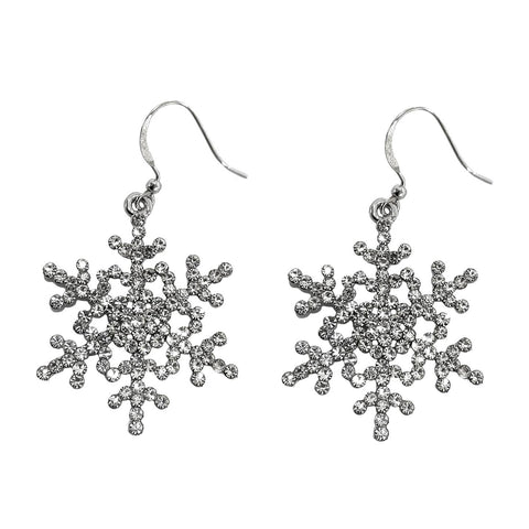 Silver rhinestone snowflake earrings on a white background