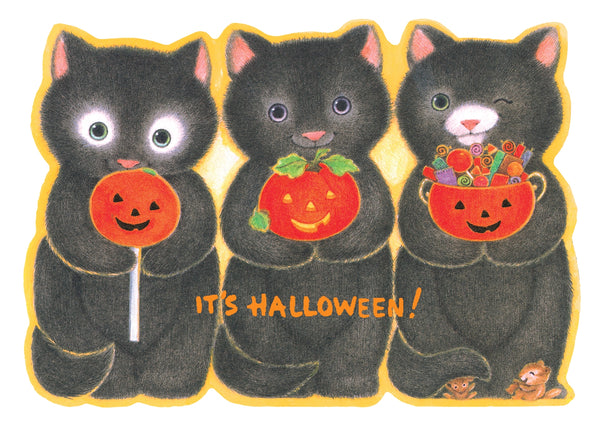 A Halloween-themed illustration of three black cats with pink ears and noses, each holding a jack-o'-lantern bucket or pumpkin. The middle cat holds a pumpkin, the left cat holds a pumpkin on a stick, and the right cat holds a colorful candy bucket.