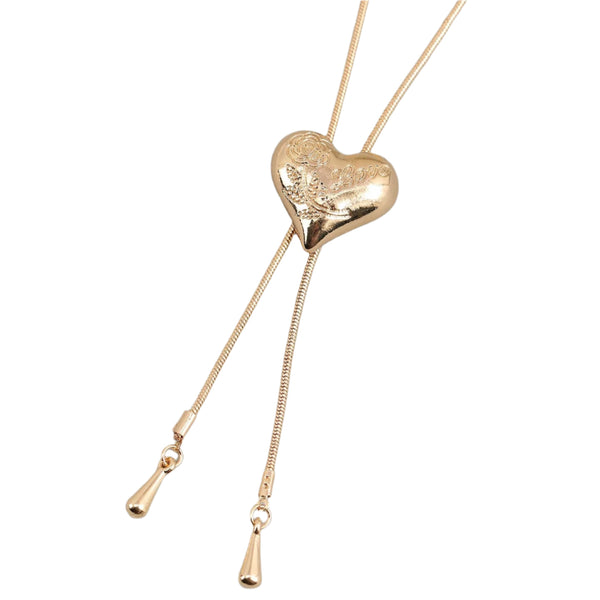 Gold metal bolo tie with a heart-shaped slide engraved with a rose and the word “love” in script, a gold metal snake style chain, and teardrop-shaped tips. Slide shown in close up