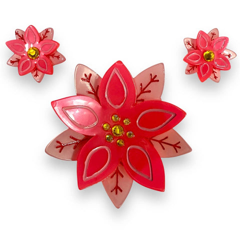 set of red and pink pearly layered acrylic resin poinsettia flower-shaped brooch with yellow rhinestone detail and matching post earrings