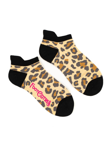 Leopard print ankle socks with black toes, cuffs, and heels. Shown flat