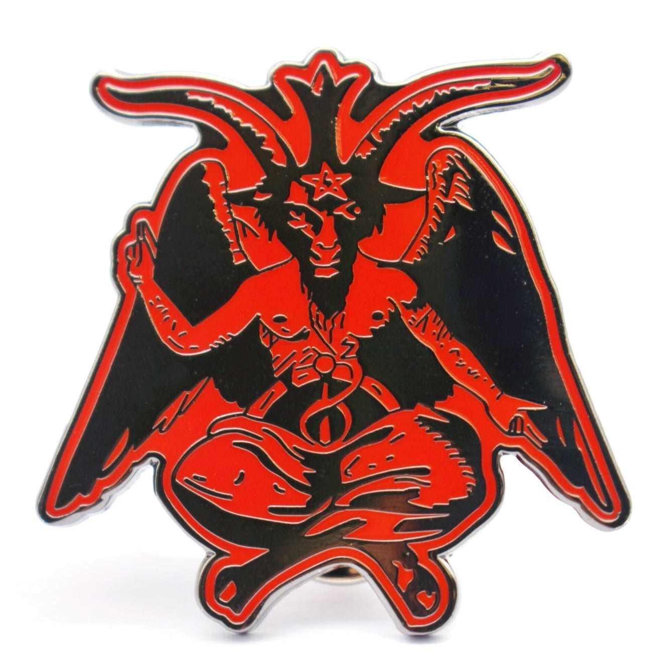 Red and black enamel pin depicting Baphomt in the “as above, so below” pose