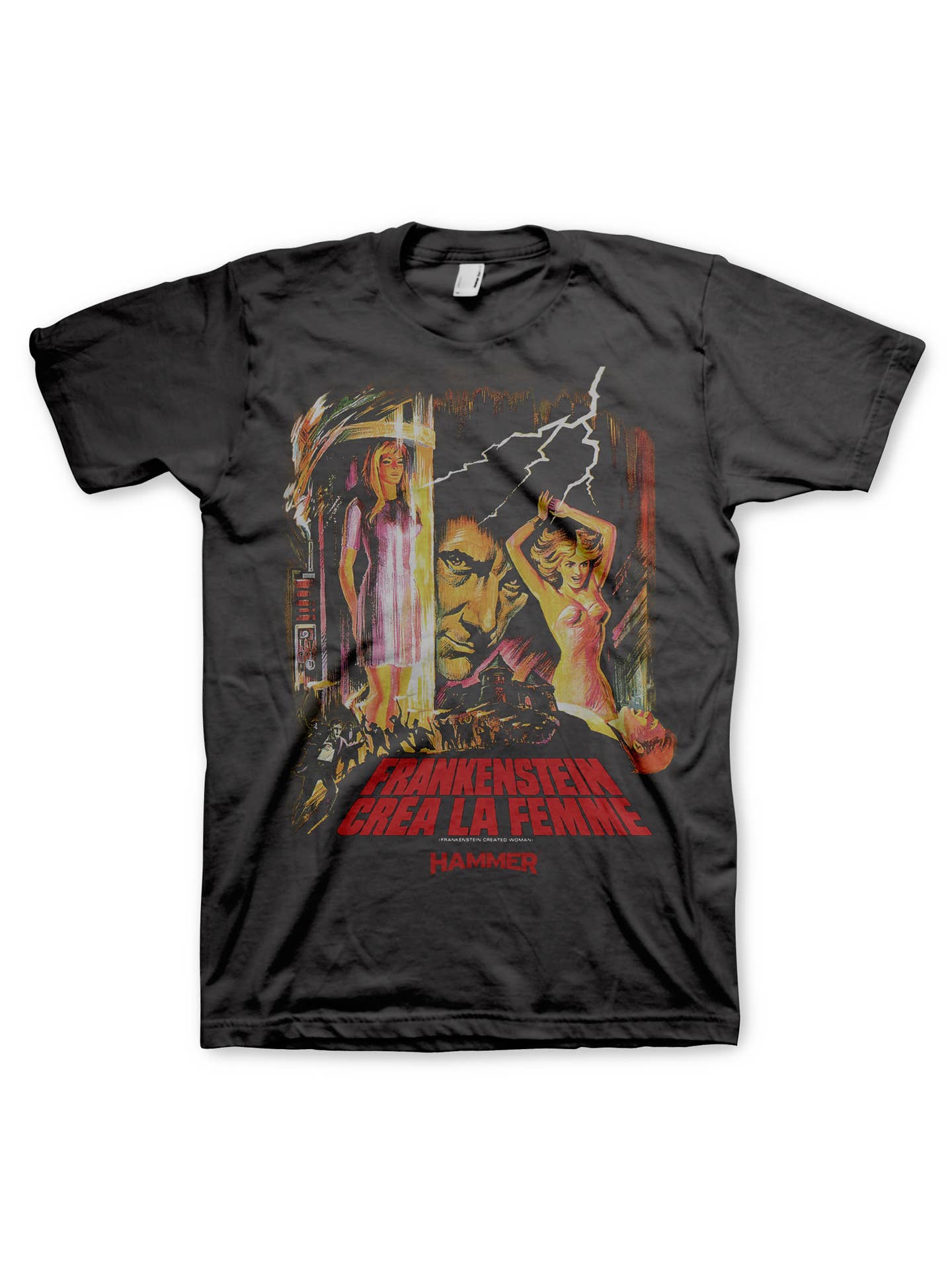 Black t-shirt with image of French language poster for Hammer Horror movie “Frankenstein Created Woman”