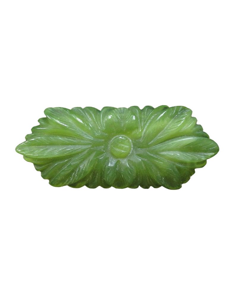 jade green polyresin 2" x 1" hexagon shaped floral hair accessory on 1 1/4" pinch-release barrette