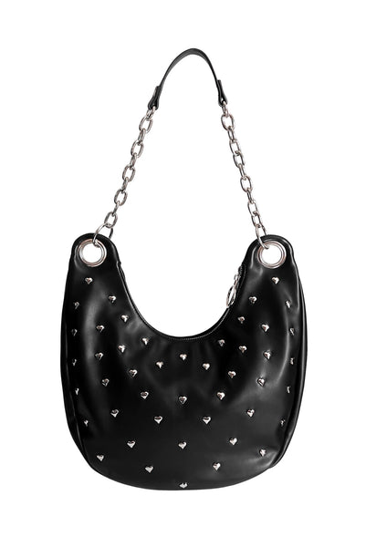 Black heart shaped studded handbag with silver chain strap, oversized silver grommets, and o-ring top zip closure. Shown flat