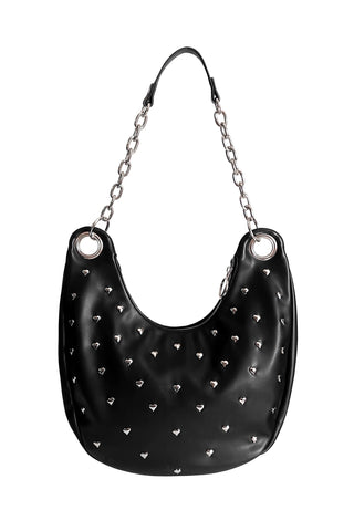 Black heart shaped studded handbag with silver chain strap, oversized silver grommets, and o-ring top zip closure. Shown flat