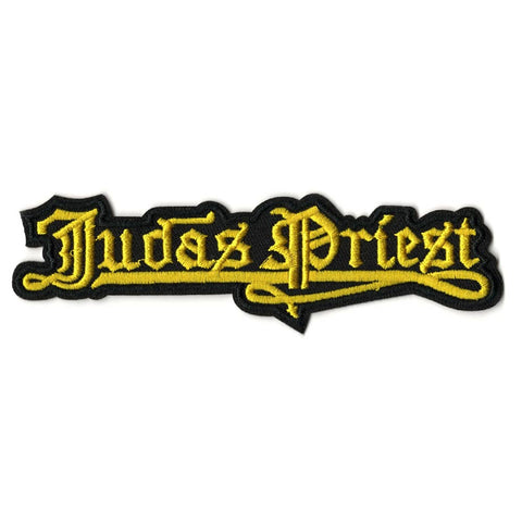 Judas Priest logo patch with yellow text on a white background
