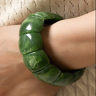 stretch bangle of beveled marbled white and green segments on elastic