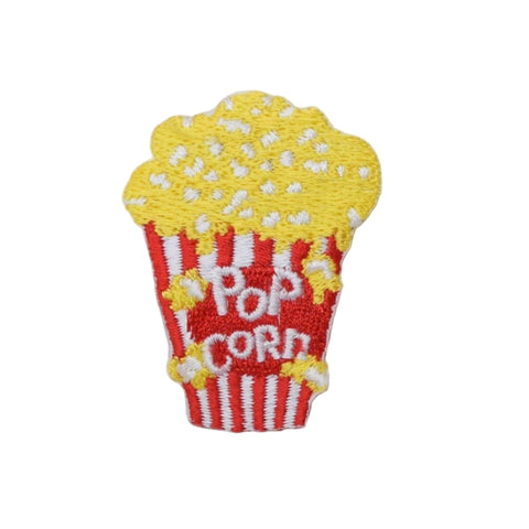Embroidered patch of a red and white striped popcorn container with "Popcorn'" text on a white background