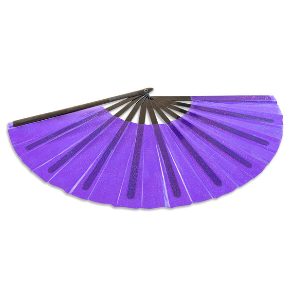 oversized transparent purple glitter vinyl hand fan with black plastic ribs shown open from side