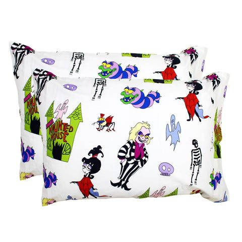 set of two white cotton pillowcases with colorful all-over print of Beetlejuice, Lydia, the Sandworm, and other images from the 80s/90s Beetlejuice cartoon tv show