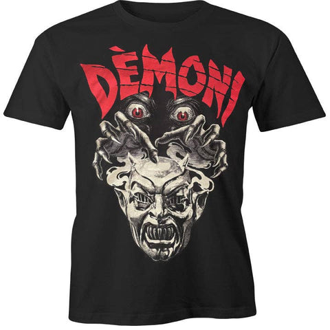 black t-shirt with red tire tread font "DEMONI" and image of metal mask from the movie below a pair of red eyes and claws