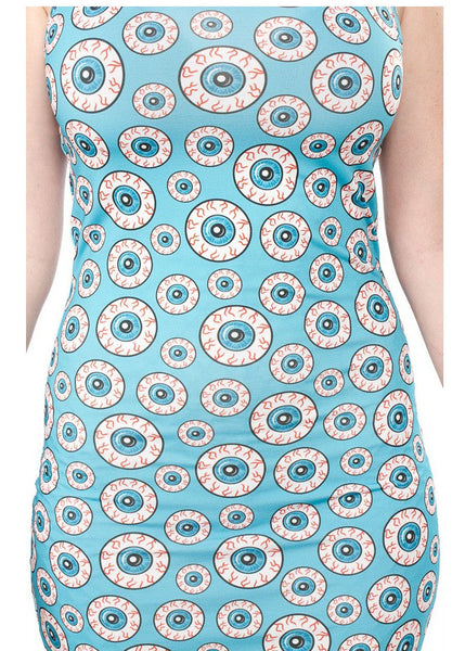 model wearing cotton stretch mini tank dress with round neckline in light blue background bloodshot eyeball pattern. Shown from front in close up of pattern