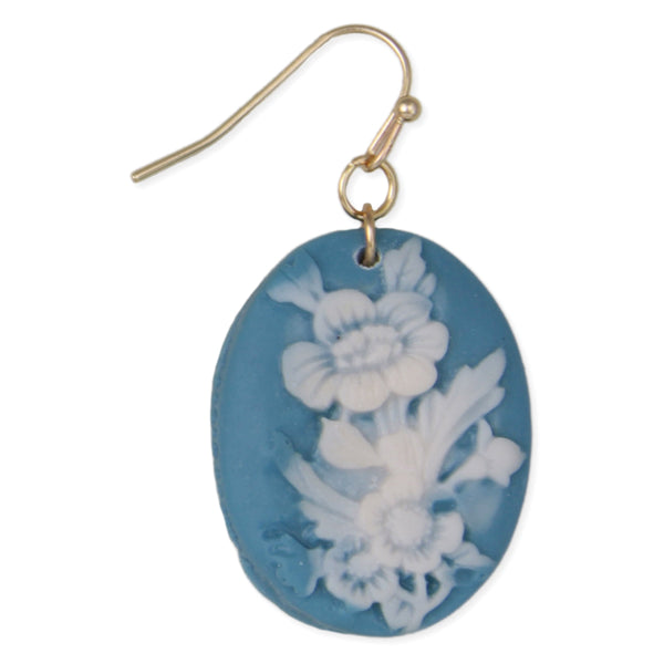 dangle earrings with acrylic floral cameo relief style charms in pale blue and white. Single earring shown