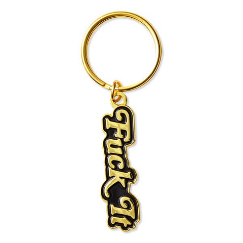 "Fuck It" gold cursive on black background enameled pendant keychain on a gold split keyring