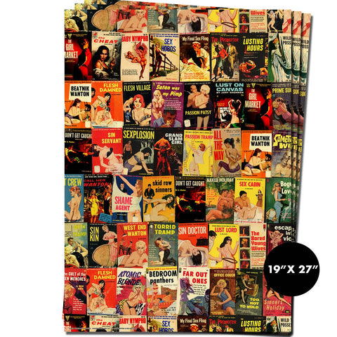 Rectangular wrapping paper sheets with alllover collage pattern of vintage adult pulp paperback covers