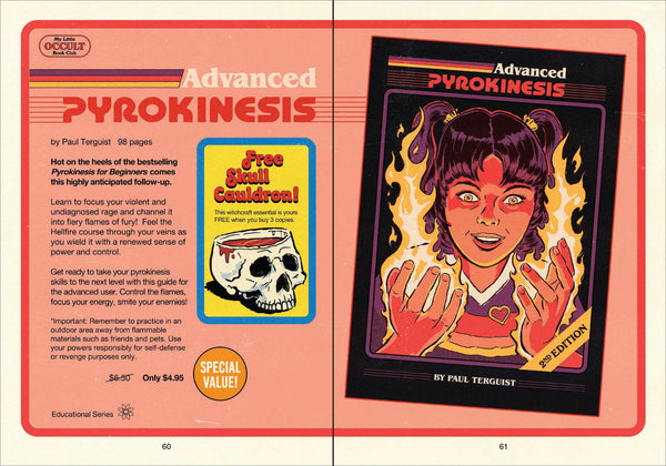 Booklet open to pages about 'Advanced Pyrokinesis' with a colorful cover illustration.