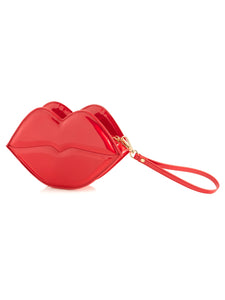 bright red patent finish wristlet in the shape of a pair of lips with matching detatchable wrist strap and gold metal zip hardware