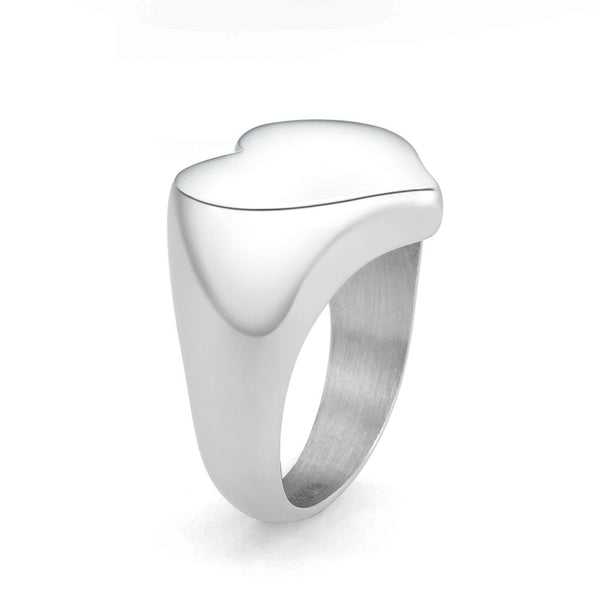 Silver stainless steel heart-shaped signet ring with flat top shown from side