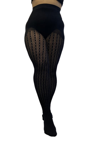 Black tights with a textured pattern on a white background