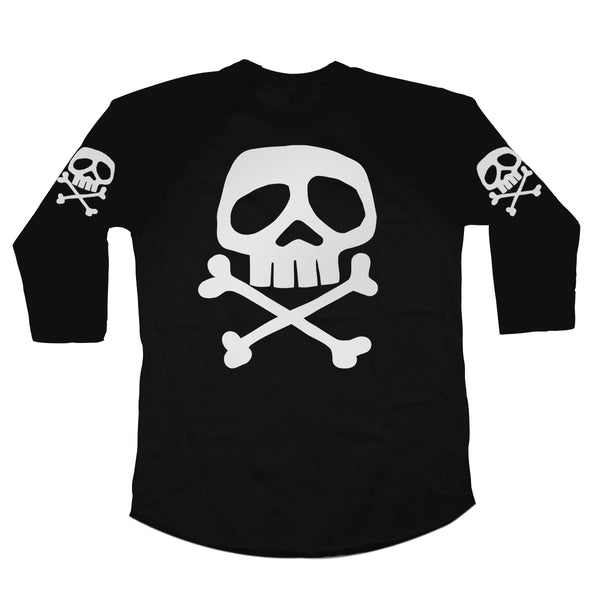 A black raglan style 3/4 sleeve t-shirt with the Captain Harlock skull and crossbones printed on the chest and on both upper sleeves. Shown flat
