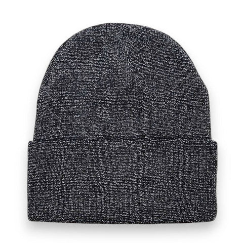 cuffed acrylic knit beanie in black with strands of silver lurex