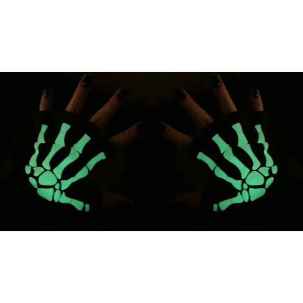 Glowing skeleton hand gloves shown worn by model