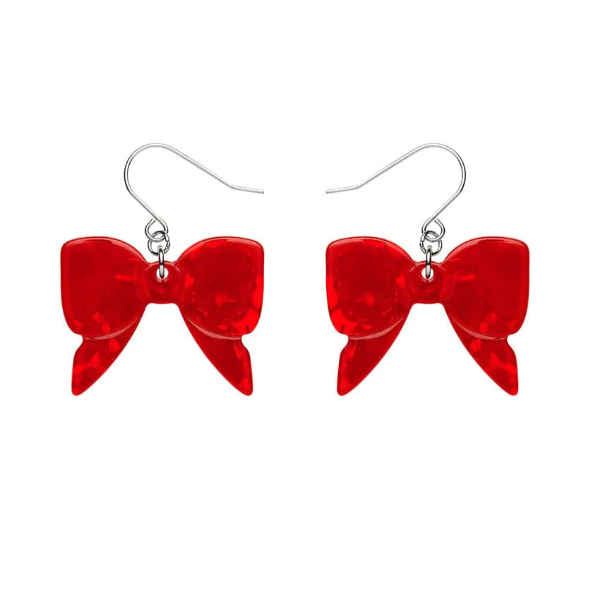 pair Essentials Collection bow shaped dangle earrings in red ripple texture 100% Acrylic resin