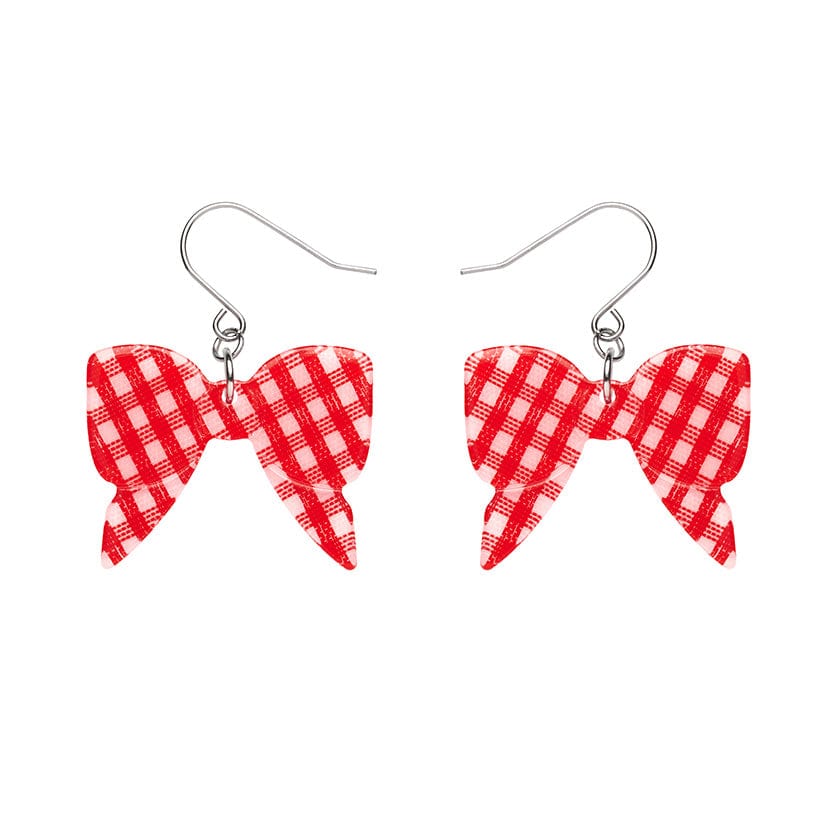 pair Essentials Collection bow shaped dangle earrings in cheery red & white gingham pattern 100% Acrylic resin
