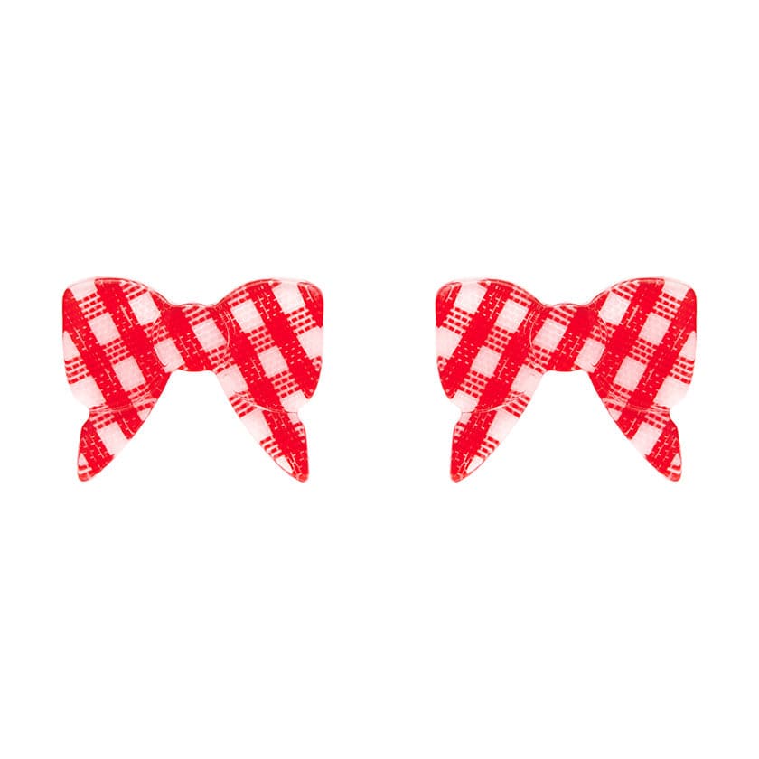 pair Essentials Collection bow shaped post earrings in cheery red & white gingham pattern 100% Acrylic resin
