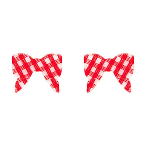 pair Essentials Collection bow shaped post earrings in cheery red & white gingham pattern 100% Acrylic resin