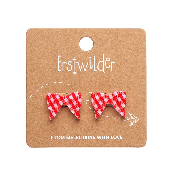 pair Essentials Collection bow shaped post earrings in cheery red & white gingham pattern 100% Acrylic resin, shown on illustrated backer card packaging