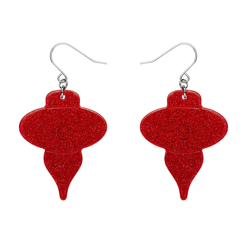 pair Essentials Collection classic holiday bauble ornament shaped dangle earrings in sparkly glitter red 100% Acrylic resin