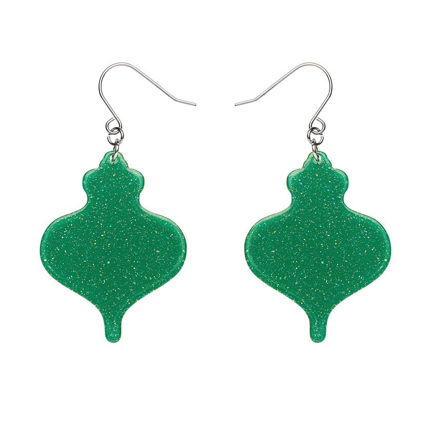 pair Essentials Collection classic holiday bauble ornament shaped dangle earrings in sparkly glitter green 100% Acrylic resin