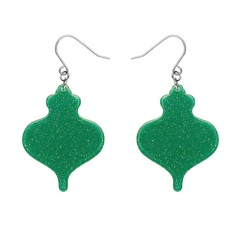 pair Essentials Collection classic holiday bauble ornament shaped dangle earrings in sparkly glitter green 100% Acrylic resin