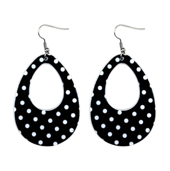 black acrylic teardrop shaped dangle earrings with white polka dots