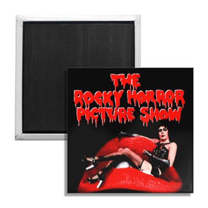 Rocky Horror Picture Show square magnet featuring Frank N. Furter lounging on red lips