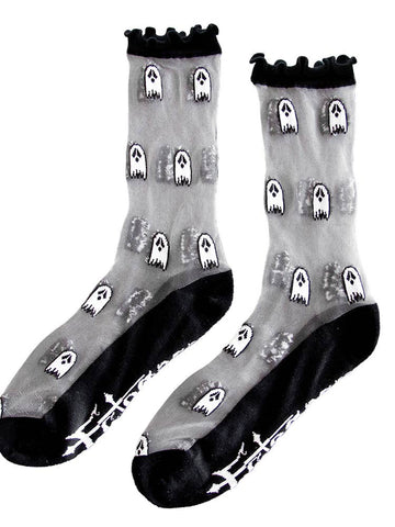 A pair of sheer socks with a black ruffled cuff, toe and heel. There is a pattern of small black and white cartoons ghosts on the sheer part of the sock.
