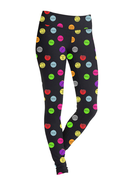black leggings with all-over print of distressed style VHS genre stickers in neon colors
