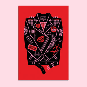 rectangular postcard of a black leather jacket on a red background with pink studs & spikes and buttons and patches reading "LOVE KILLS" "SWEET HEART" "CRUSH"