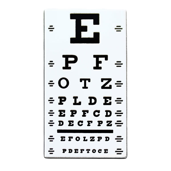 Rectangular white bioacetate hair clip in the shape of a doctor's eye chart with black letters in rows that get progressively smaller. Shown from front