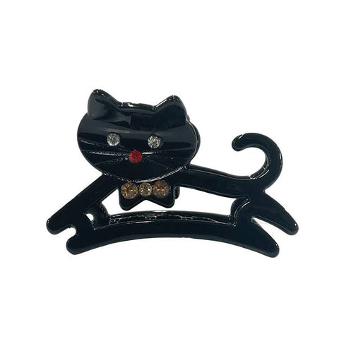 Black cat-shaped hair clip with clear, red, and yellow rhinestones on a white background